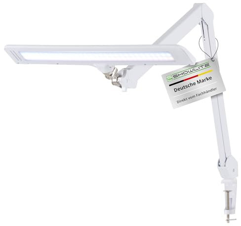 Showlite AL-6012 Arbeitsplatzleuchte - Dimmbare LED Schreibtischlampe für Büro oder Werkstatt - Klemmbare Tageslichtlampe mit Kugelgelenk - Tischlampe mit 4 Helligkeitsstufen - Monitor Lampe Weiß