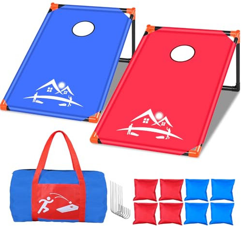 NZQXJXZ Cornhole Board Set mit 8 Sitzsäcken und Tragetasche, Outdoor-Wurfspiel für Kinder und Erwachsene, tragbare Maisloch-Sets für Strand, Rasen, Hinterhof (Rot und Blau)