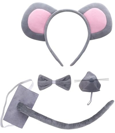 SKHAOVS 4 Pieces Mouse Costume Set,Animal Costume Set,Include Mouse Ears Headband Nose Gray Bow Tie and Felt Tail,Rat Costume for Adult Kids (Grey)