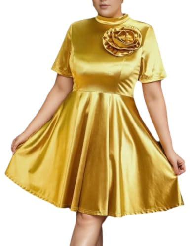 ONTINVA Women Gold Short Sleeve Satin Dress Ruffled Rose Flowy A Line Formal Cocktail Short Dresses (Gold,3XL)