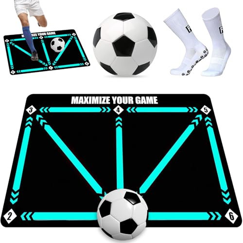 YUJUVI Fußballmatte Trainingsmatte Fußball 60x90 cm Schritt Trainingsmattem mit Fussball und Socken Set Rutschfeste Schritt Trainingsmatte Ballkontrolle Stoßdämpfende Fussball Matte
