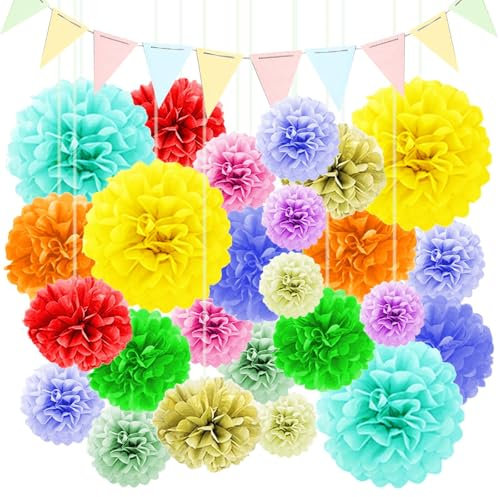34PCS Addobbi Compleanno TREABEAR, Decorazioni Compleanno Fiori Di Carta, Addobbi Carnevale Gagliardetto, Pon Pon Colorati Carta Velina, Decorazioni Tavolo Compleanno Fiori Di Carta Per Decorazioni
