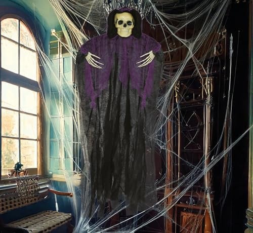 FIESTAS GUIRCA | Skelett mit Tunika Hängedekoration (90 cm) - Gruselige Halloween Dekoration zum Aufhängen für Partys oder im Spukhaus - Horror Skelett Hängefigur Schwarz und Lila