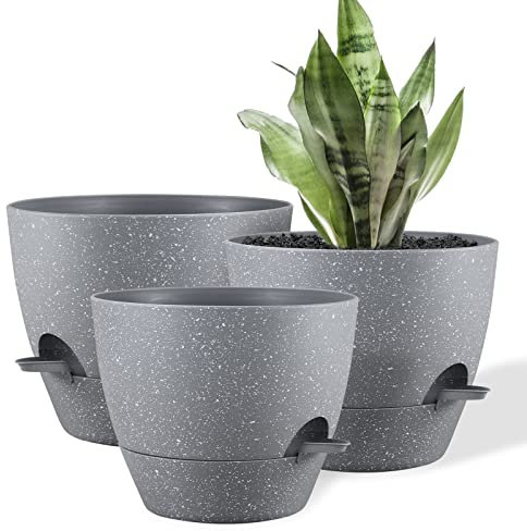 FORAGIFT 25/23/20cm Self-Watering Plant Pots Indoor, 3 Pack Large Plastic Plant Pots with Deep Reservior and High Drainage Holes for Indoor Outdoor Plants and Flowers, Grey with Speckles