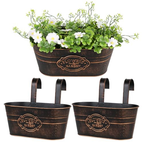 BOOMTOP 2Pcs Metal Hanging Flower Pots, Vintage Iron Hanging Planters Bucket with Removable Hooks Metal Plant Pots for Fence Balcony Garden Home Decoration (Vintage Black)
