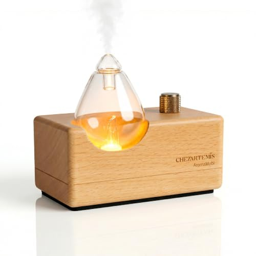 chezArtemis Waterdrop Wasserloser Aroma Diffuser Kabellos für Aromatherapie | Glas Vernebler & Buchenholz-Sockel, Plastikfrei und BPA-frei, 7-10 Tage Akkulaufzeit, Flüsterleise <30dB, Coverage 60m²