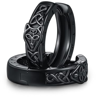 CHENGHONG Schwarz Creolen Männer 925 Silber Wikinger Wolf Keltische Knoten Ohrringe Unisex Wikinger Schmuck für Herren Frauen