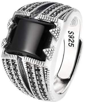 RZRPYFMM S925 Sterling Silber Men's Square Onyx Ring, Gothic Öffnung Einstellbare Mode-Schmuck,Silber,9#