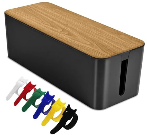 Boîte de rangement pour câbles – 30 x 12,3 x 11,8 cm – Boîte de rangement pour câbles avec couvercle en bambou et 6 attaches de câble, boîte de rangement pour bureau, gestion des cordons pour cacher