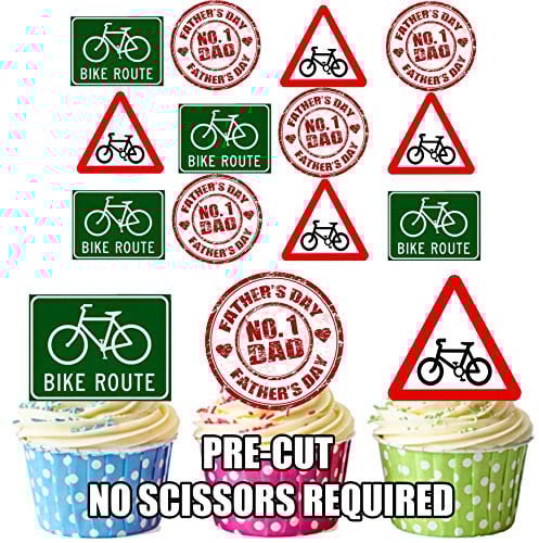 AK Giftshop Father's Day Cycling Road Sign Cake Decorations - Edible Stand-up Cup Cake Toppers (pack of 12)
