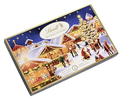 Lindt Schokolade Weihnachts-Markt Pralinés , 4 x 130 g , 12 weihnachtliche Pralinen in 3 Sorten , zum Teil alkoholhaltig , Schokoladengeschenk zu Weihnachten , Pralinen-Geschenk