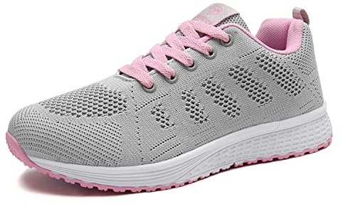 MINBEI Femme Baskets Fille Fitness Chaussures Outdoor Running Gym Sport Sneakers Lacets Plate, Rose Taille 37 EU