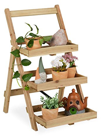 Relaxdays Etagère à fleurs, 3 étages, escalier à flore d’intérieur et extérieur, bois, sur pieds, 80,5x50x61 cm, nature