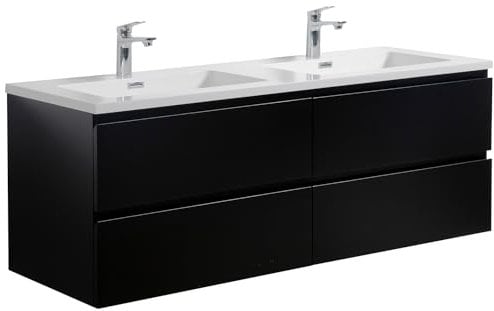 Badezimmer Badmöbel Set Angela 140cm - Matt Schwarz - Unterschrank Schrank Waschbecken Waschtisch