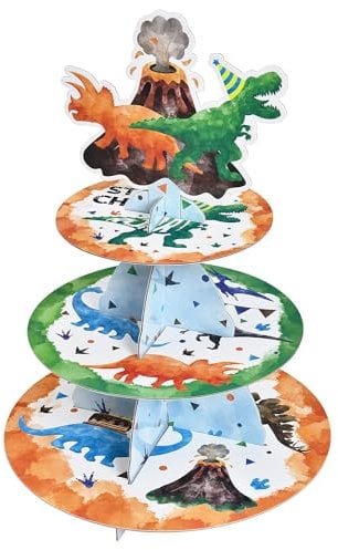 WERNNSAI Dinosaur Cupcake Stand - Dinosaur Party Decorations 3-Tier Cake Dessert Tower for Kids Boys Birthday Party Cardboard Cake Stand Holder Dessert Display Stand Dino Party Supplies