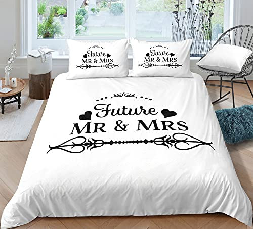 Parure de Lit Mr & Mrs Noir Blanc 1/2 Personne Housse de Couette Couple Lettre Romantique avec Fermeture éclair Couvre-lit en Polyester d'impression de Lèvres Rouges de Barbe (Style 7, 240_x_220_cm)