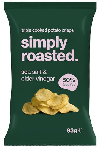 Simply Roasted - Sea Salt & Vinegar Crisps | 12 x 93g Sharer Bags | Tangy & Salty | 50% Less Fat | Under 99 Calories Per Serve | Triple Cooked for the Ultimate Crunch | Vegan | Gluten & Allergen-Free