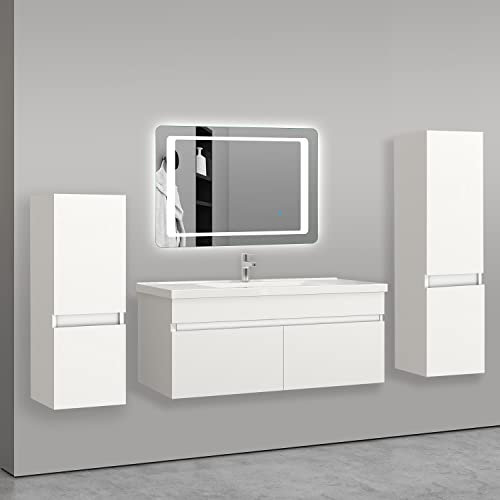 AICA sanitaire Ensemble de Meuble Salle de Bain Blanc Clair 99cm+Vasque+Miroir+Colonne Meuble Salle de Bain-Armoire de Rangement-Meubles-lavabos