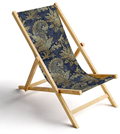 MyMaxxi Liegestuhl Holz Bedruckt Gartenstuhl - Vintage Blaue Ornamente Flora - Terrasse Balkon Sonnenliege - klappbar Strandstuhl Garten - Relax Gartenliege - verstellbar