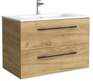 Salgar Mueble de baño Morai 80 cm con Lavabo 100% montado de fábrica | Acabado Roble Tirador Negro suspendido 2 cajones Cierre amortiguado | Lavabo Porcelana Blanca | Marca