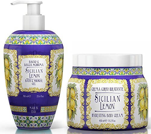 Le Maioliche - SICILIAN LEMON - Duschbad Schaum 700 ml + Körpercreme 450 ml - Made in Italy - Noten Bergamotte, Eisenkraut, Mandarine, Binaco Moschus + 2 funktionelle Kräutertees Viropa