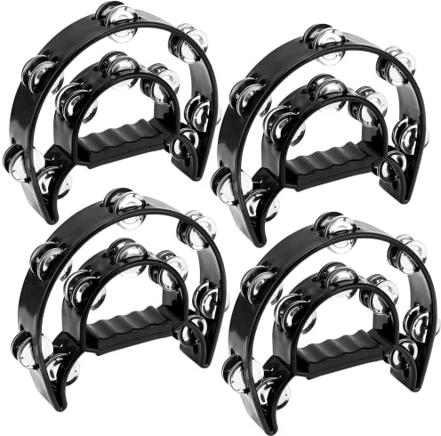 JOIKIT 4 PCS 230 x 200 x 48mm Black Double Row Tambourine, Musical Tambourine with Double Row Metal Jingles, Half Moon Hand Held Tambourines for Musicians Singers Bands KTV Party