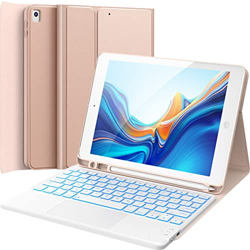 CHESONA iPad 9/8/7 Generation Hülle Mit Tastatur, 10.2 Zoll, Touchpad, 7-Farbige Beleuchtung, 2 BT Kanäle, Wiederaufladbar Abnehmbare QWERTZ Tastatur, Rosé