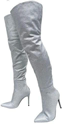 Frankie Hsu Sexy Unisex Stiletto sopra il ginocchio coscia alti stivali lunghi, argento glitter carino stile moda, grande grande dimensione punk tacco scarpe per donna uomo, Argento, 37 EU
