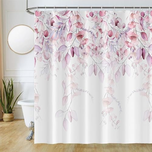Uiiooazy Rideau Douche Anti Moisissure, Rideau de Douche 200x180cm Lavande Feuilles d'eucalyptus Rose Violet Rideaux de Baignoire Tissu Lavable Imperméable Rideaux Salle de Bain avec 12 Crochets