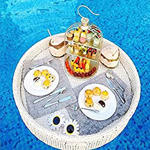 SSQUZA Tavoli da Porzione Galleggianti Tavolo Rotondo con Manici,Vassoio A Telaio in Rattan Rotondo Piscina Piscina Galleggianti for Adulti for Sandbars Spa Bagno E Feste Feste Fotografia,White