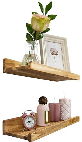 Handcrafted Floating Shelves for Wall 40cm, Waterproof Wall Storage Shelves with Lip, Display Picture Ledge Shelf for Living Room Photo Frame, Natural Wood Hanging Book Shelves (Natural, Set 2)