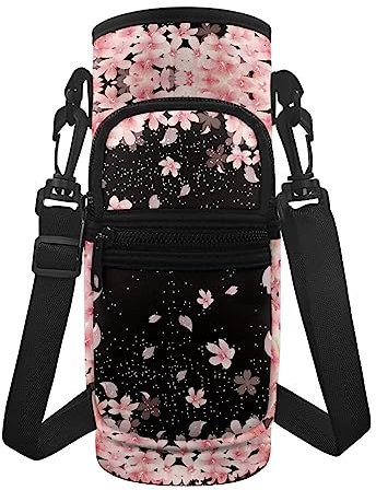 Nopersonality Pink Cherry Blossom Water Bottle Holder Phone Cards Storage Bag with Adjustable Shoulder Straps Sleeve Pouch for Commuting Jogging Travelling