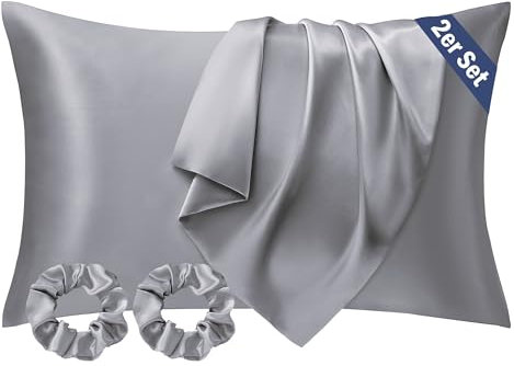 Seiwohl Satin Kissenbezug 50x70 2er Set, Weich wie Seidenkissenbezug Silk Pillowcase, Vegane Seide Kopfkissenbezug Kissenhülle Seidenkopfkissen für Haar und Haut mit 2 Haargummis, Grau