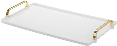 PATIKIL Plastic Serving Tray with Golden Handle, 16.1 x 8.7 Modern Rectangular Decorative Tray Reusable Jewelry Platter for Countertop Bathroom Kitchen, White