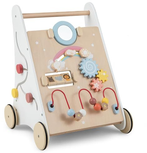 DREAMADE Lauflernwagen Holz, Lauflernhilfe ab 1 Jahr, Baby Gehhilfe mit Spiegel & Spielzeug, Gehfrei Baby Holzspielzeug für Jungen & Mädchen (Modell 1-Weiß)