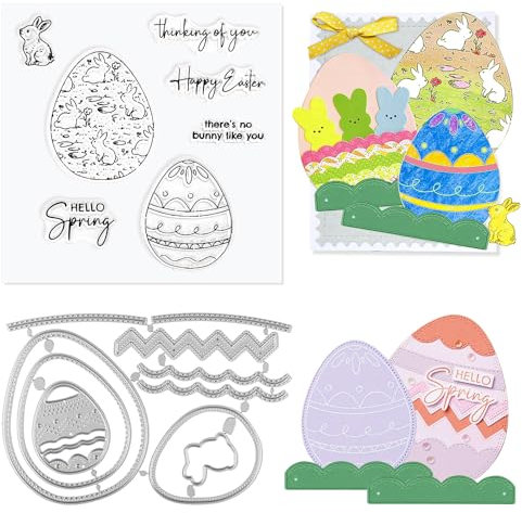 Stanzschablonen Ostern Stempel Ostern Klarsicht Silikonstempel Metall Stanzschablonen Osterhasen-Eier Stanzschablone Stempel und Stanzen Set für DIY Kartenherstellung Scrapbooking Album Cover Deko