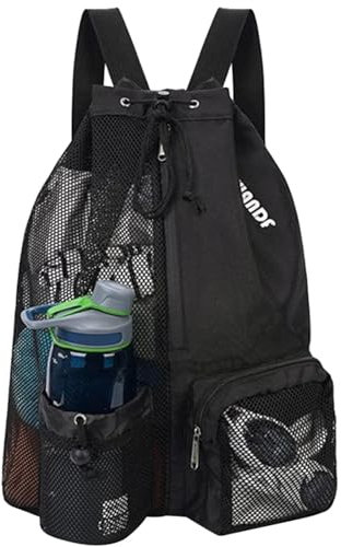 FULUJIDI Rucksäcke Freizeit Sport Gym Tasche tragbar Multifunktional Kordelzug Mesh Taschen Gym Sport Basketball Lagerung Schulter Netz Rucksack Strand Verwendung Tasche Schwarz