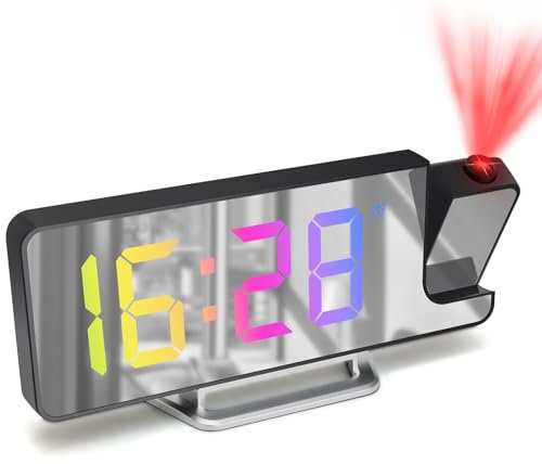 Cuteefun Projection Alarm Clock, Electric Alarm Clocks Bedside Mains Powered, 180° Rotatable Projector, 9 LED Display, Snooze, 3-Level Brightness, 12/24H Display, Colourful Digital