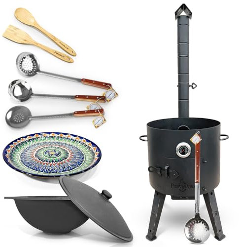 Feuerofen Ø 44 cm Thermometer Gusseisener Kazan 16 L Ø 46,5 cm flacher Boden Lagan Ø 37 cm Schaumlöffel 64 cm 2 Schaumlöffel 48 cm Schöpfkelle 48 cm Bambuslöffel Bambusspatel 35 cm Asia (Set 6)