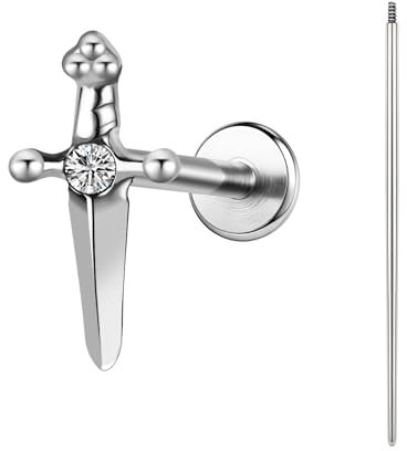 BodyAce ASTM F136 Titan Helix Piercings Ohrstecker, 16G Flatback Lippenpiercing With Piercing Taper, Nasenstecker Conch Tragus Piercing Schmuck [Weißer Zirkon mit Schwert]