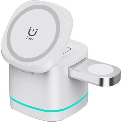 Chillitech® 3-in-1 Charger Block for MagSafe, Compactable 15W Fast Wireless Charging Station with LED Lights - Magnetic Charging Dock for iPhone, Apple Watch, Airpods (White)