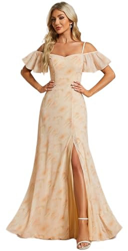 Ever-Pretty Robe Demoiselle d'honneur Femme Épaules Dénudées Bretelles Volants Fendue Mousseline Robe Maxi Rose Dorée 44
