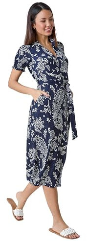 Roman Shirt Dress for Women UK Ladies Short Sleeve Sleeveless Belted Collared Midi Maxi Summer Spring Smart Casual Button Evening Office A Line Swing Skater - Navy Blanc - Size 18