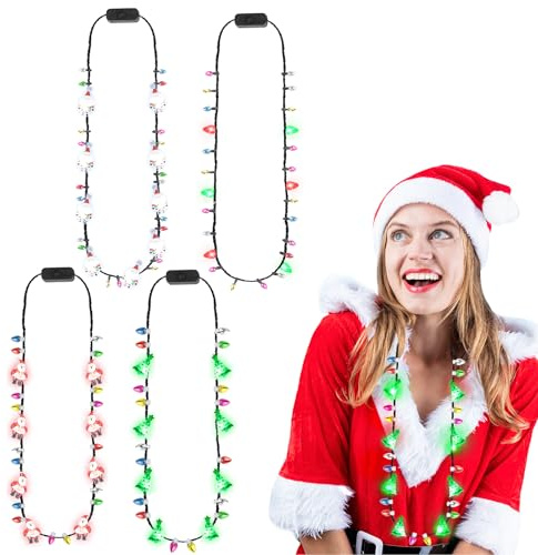 4 Stück LED Halskette Weihnachten Accessoires Halskette Weihnachtsbaum Weihnachtsmann Kleine Glühbirne Lichterkette Halskette für Kinder 3 Modi Weihnachtskette Erwachsener Weihnachten Schmuck Zubehör