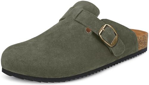 Mens Womens Suede Clogs Leather Mules Cork Footed Arch Support Slip On Slides Sandals Shoes Size Green UK8=43