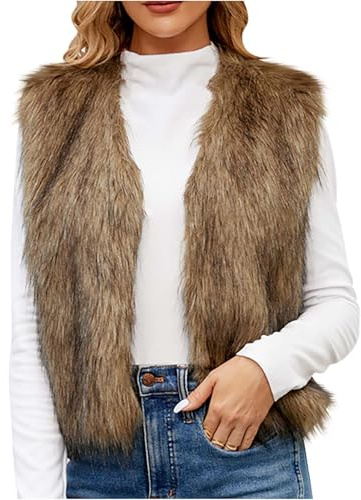 Yolimok Kunstpelzweste für Damen,Kurz Kunstpelze Ärmellose Fellweste mit V-Ausschnitt Elegant Einfarbig Vest Jacke Dicke Kunstfell - Felljacke Übergangsjacken Winterjacke Pelz Jacken Weste