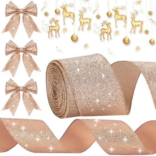 Christmas Ribbon, Christmas Decorations, 9.1m Soft Velvet Ribbon 63mm Christmas Tree Ribbon for Christmas Crafts, Gift Wrapping, Wreath, Top Bows, Sewing Christmas Tree Decorations (Rose Gold)