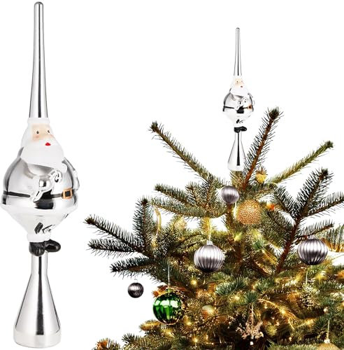 BRUBAKER Weihnachtsbaumspitze Dicker Santa - Christbaumspitze glänzend - 35 cm große Baumspitze Weihnachtsmann - Weihnachtsbaum Spitze - Tannenbaum Deko Weihnachten - Tannenbaumspitze - Silber