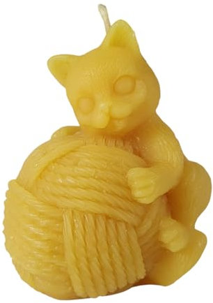 Bienenwachskerze - Katzen Kerze auf Wollknäuel 7 cm aus 100% reinem Bienenwachs - Handgemacht - Honigkerze - kerze in Katzen form - Tierkerze