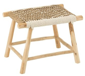 J-Line Tabouret Waverly Bois De Teck/Jonc De Mer Naturel/Blanc